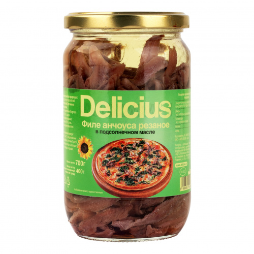 Филе анчоуса резаное в подсолнечном масле, Delicius (0,700кг)